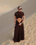 Asymmetrical Draped Brown Maxi Gown H7032