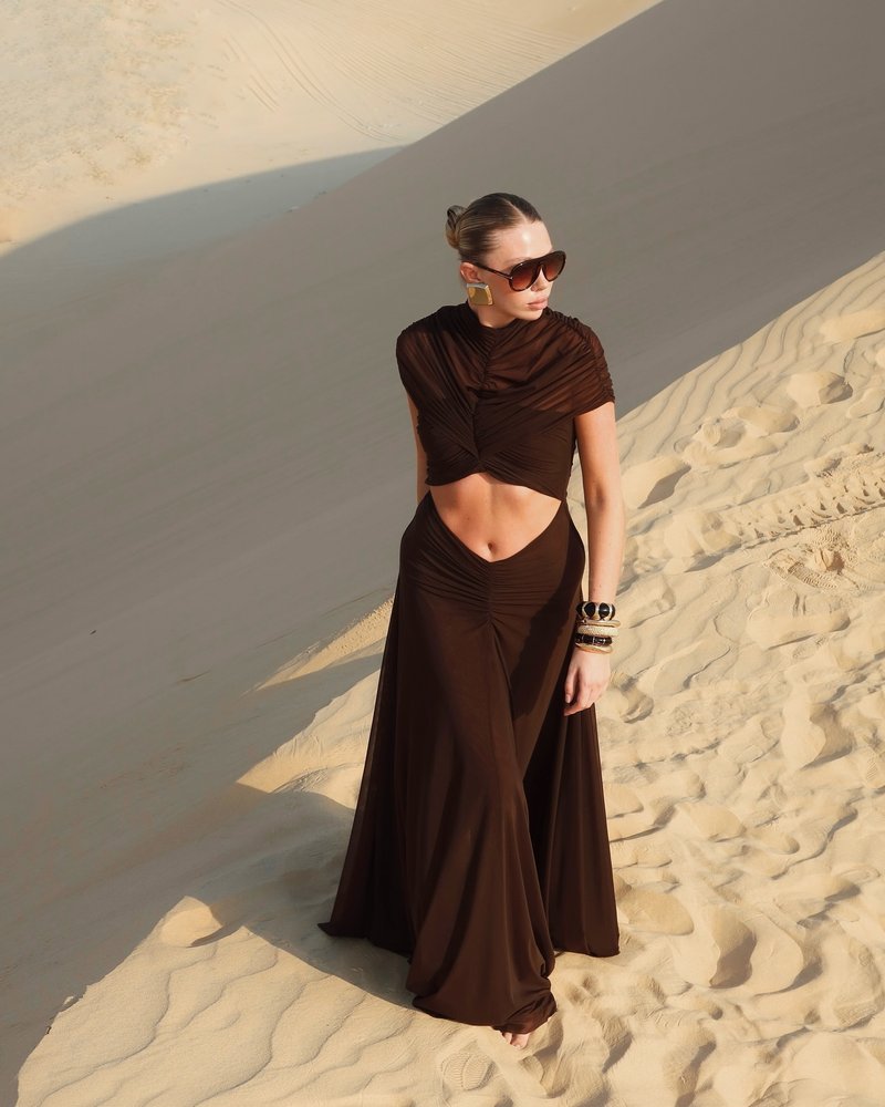 Asymmetrical Draped Brown Maxi Gown H7032