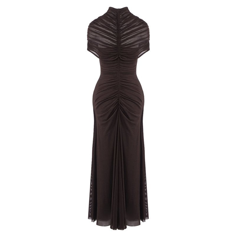 Asymmetrical Draped Brown Maxi Gown H7032
