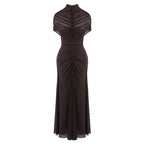 Asymmetrical Draped Brown Maxi Gown H7032