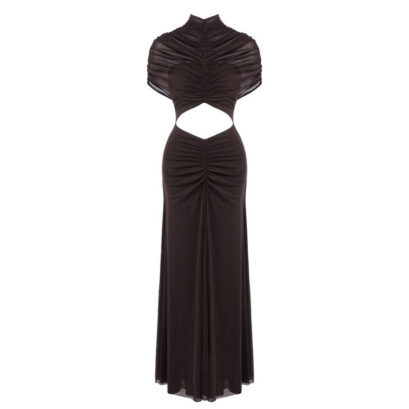 Asymmetrical Draped Brown Maxi Gown H7032