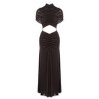 Asymmetrical Draped Brown Maxi Gown H7032
