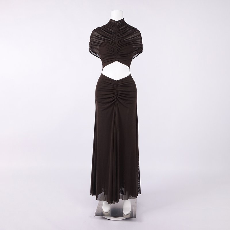 Asymmetrical Draped Brown Maxi Gown H7032