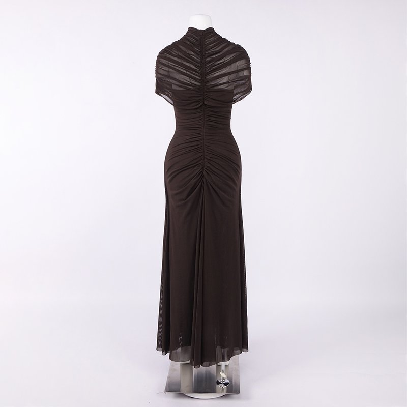 Asymmetrical Draped Brown Maxi Gown H7032