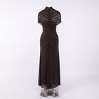 Asymmetrical Draped Brown Maxi Gown H7032
