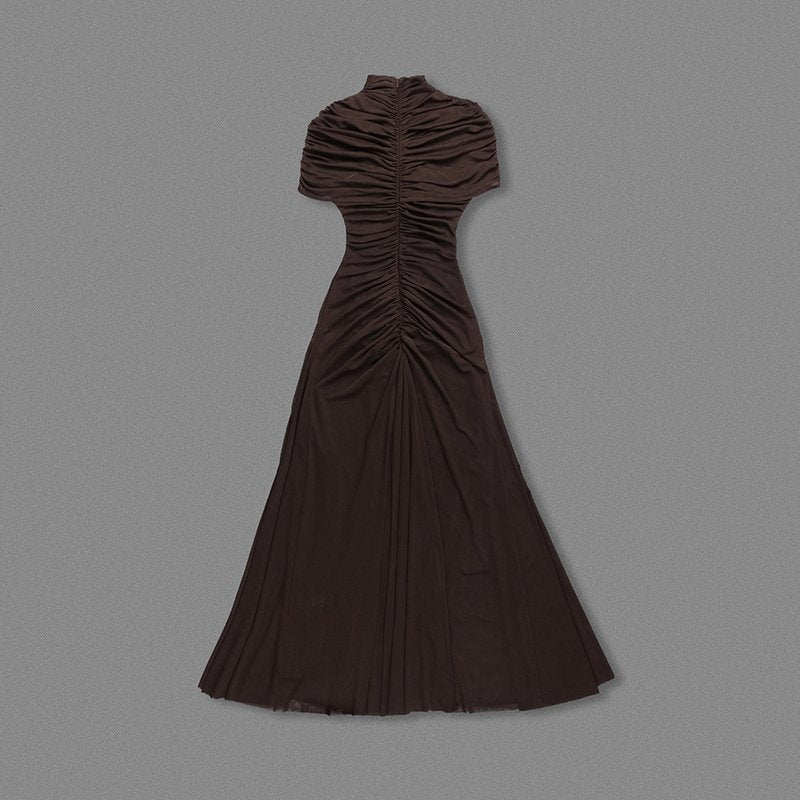 Asymmetrical Draped Brown Maxi Gown H7032