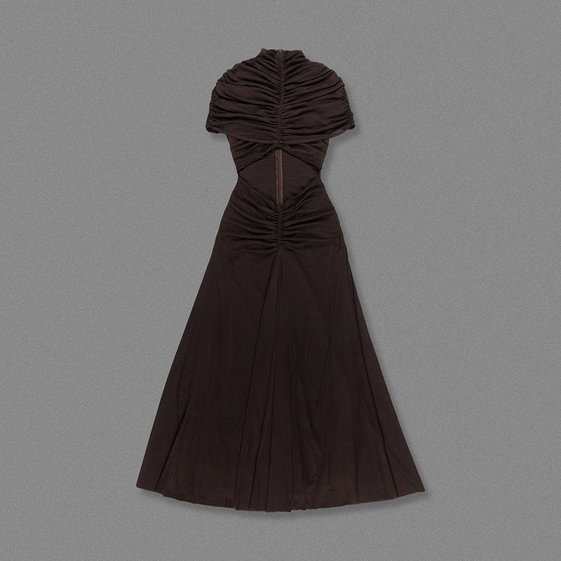 Asymmetrical Draped Brown Maxi Gown H7032