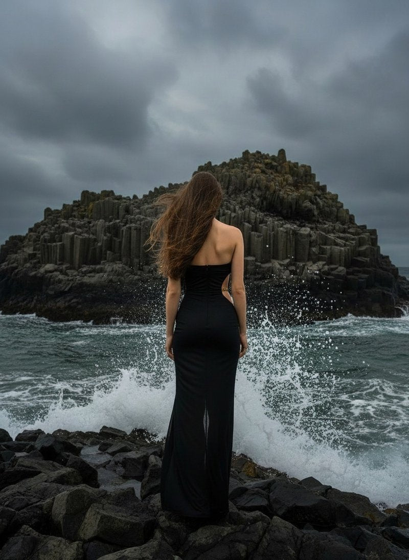 Asymmetrical Gold Black Maxi Dress H7114