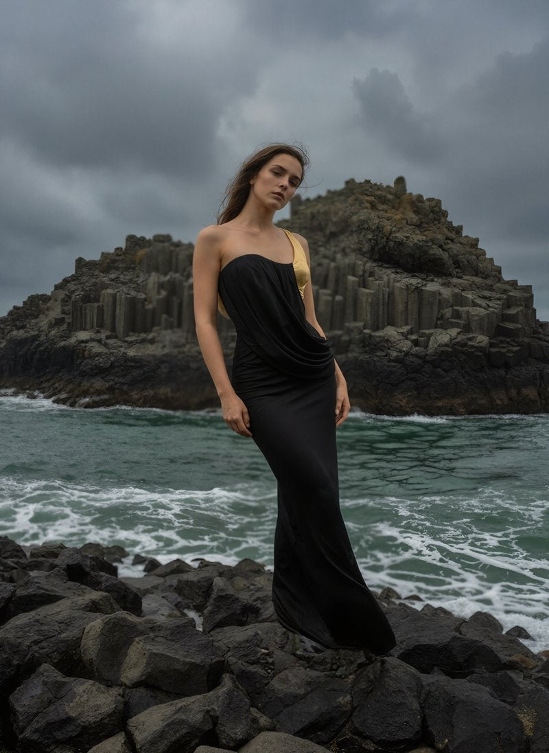 Asymmetrical Gold Black Maxi Dress H7114