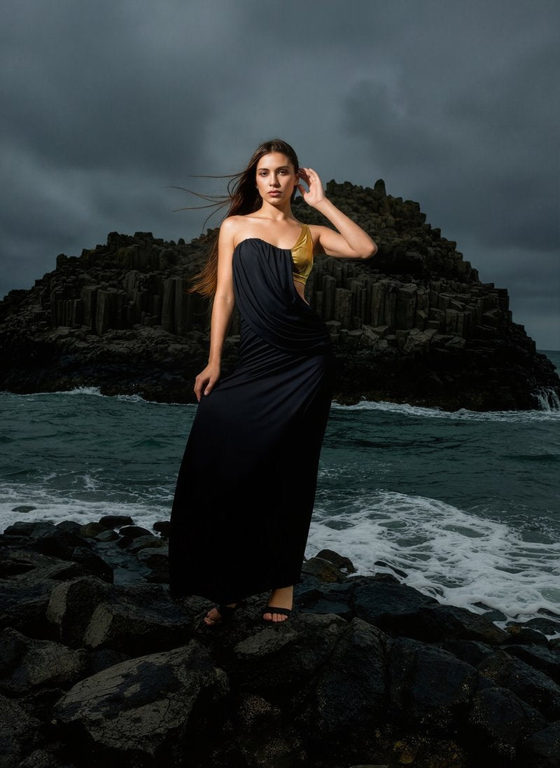 Asymmetrical Gold Black Maxi Dress H7114