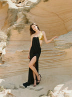 Asymmetrical Gold Black Maxi Dress H7114