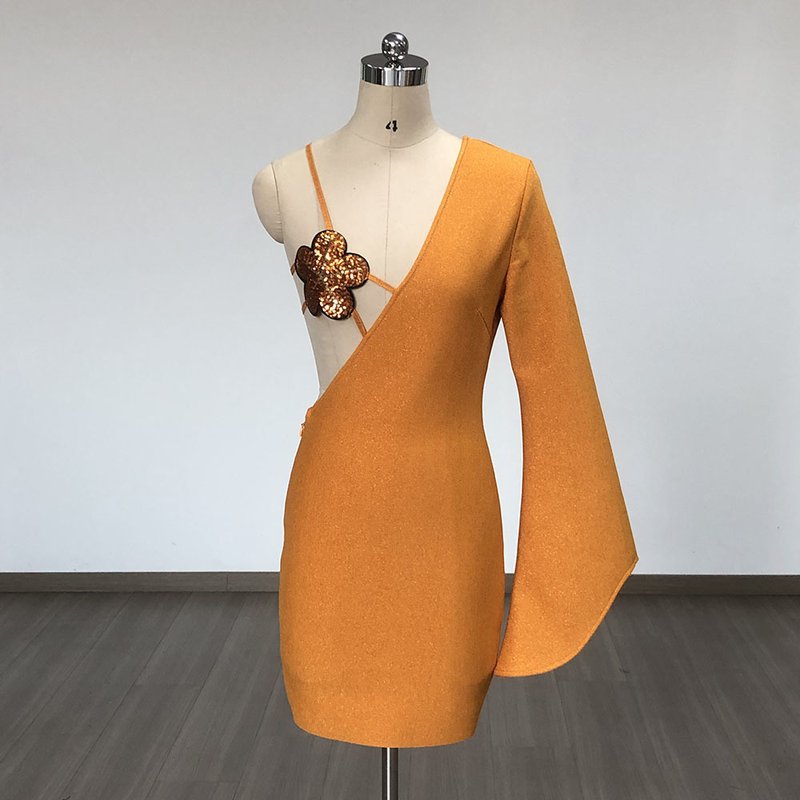 Asymmetrical Orange Knit Mini Dress H6420