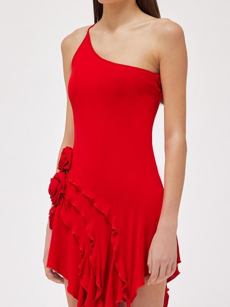 Asymmetrical Ruffle Pink Mini Dress H6001