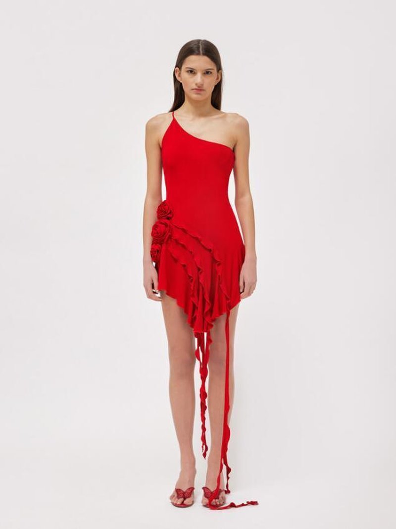 Asymmetrical Ruffle Pink Mini Dress H6001