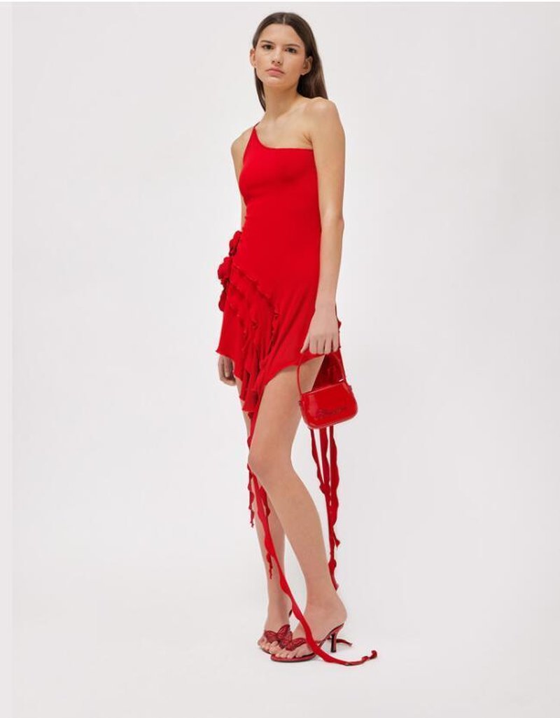 Asymmetrical Ruffle Pink Mini Dress H6001