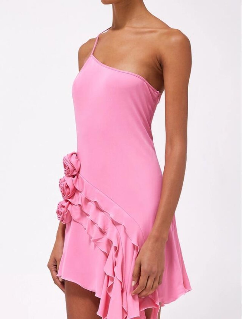 Asymmetrical Ruffle Pink Mini Dress H6001