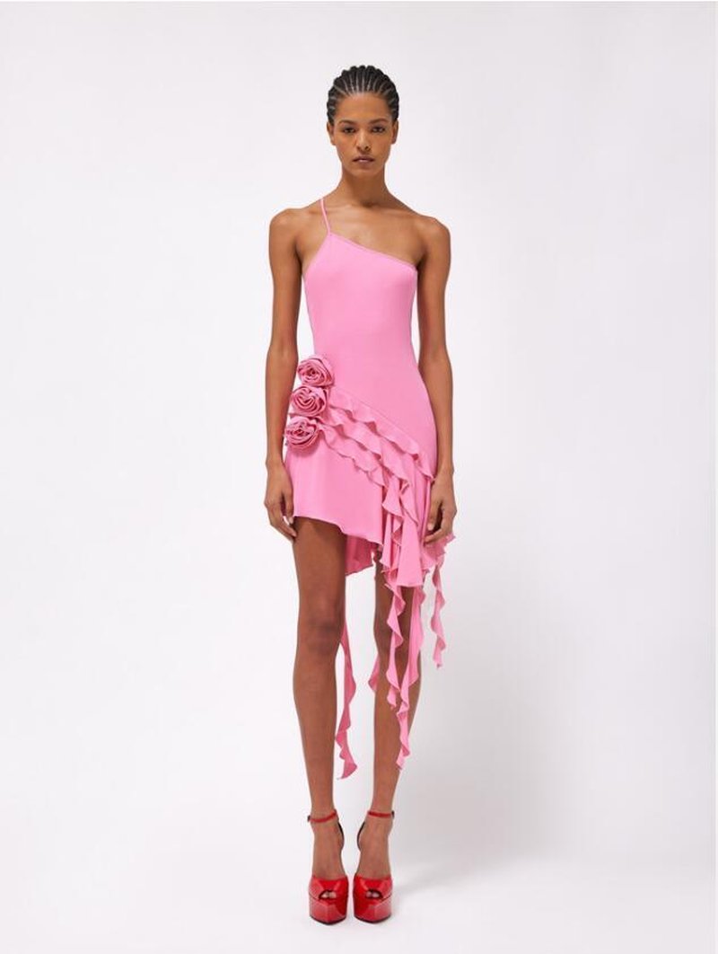 Asymmetrical Ruffle Pink Mini Dress H6001
