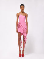 Asymmetrical Ruffle Pink Mini Dress H6001