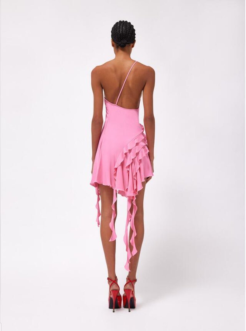Asymmetrical Ruffle Pink Mini Dress H6001
