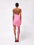 Asymmetrical Ruffle Pink Mini Dress H6001