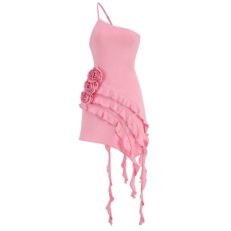 Asymmetrical Ruffle Pink Mini Dress H6001