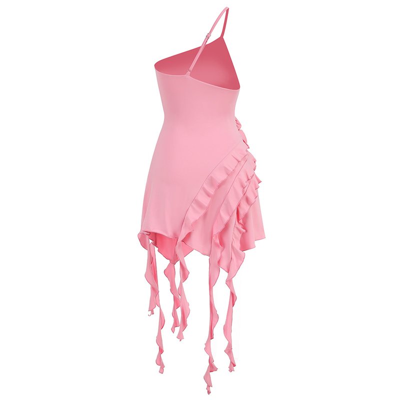 Asymmetrical Ruffle Pink Mini Dress H6001