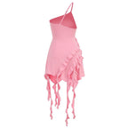 Asymmetrical Ruffle Pink Mini Dress H6001