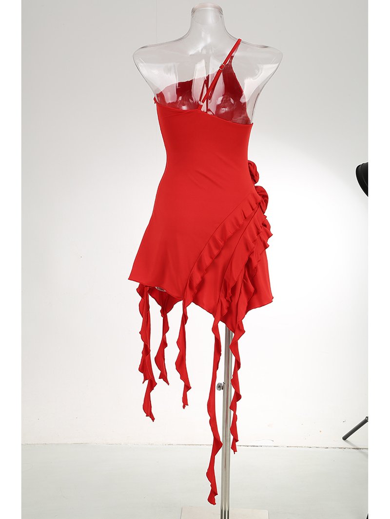 Asymmetrical Ruffle Pink Mini Dress H6001