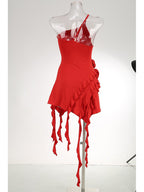 Asymmetrical Ruffle Pink Mini Dress H6001