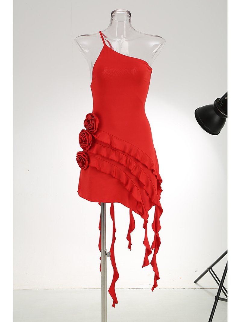 Asymmetrical Ruffle Pink Mini Dress H6001