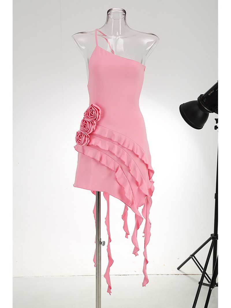 Asymmetrical Ruffle Pink Mini Dress H6001