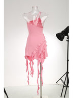 Asymmetrical Ruffle Pink Mini Dress H6001