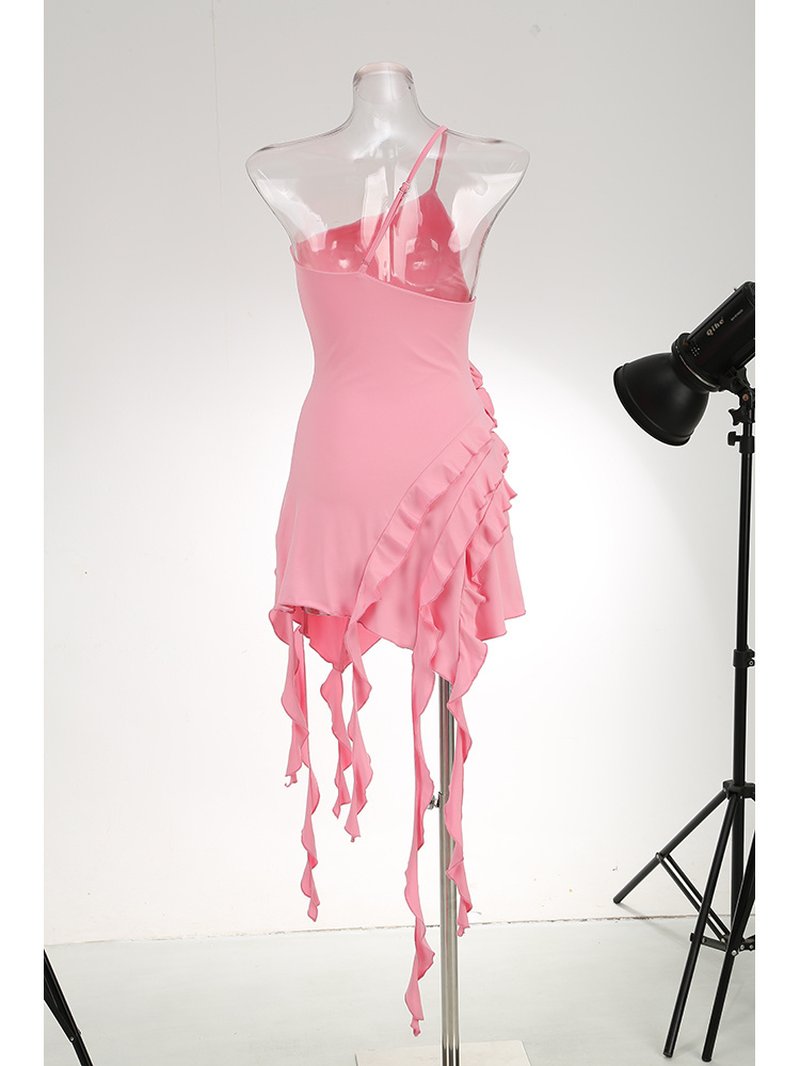 Asymmetrical Ruffle Pink Mini Dress H6001