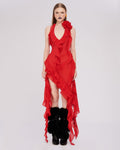 Asymmetrical Ruffle Red Halter Dress H5816
