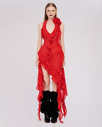 Asymmetrical Ruffle Red Halter Dress H5816