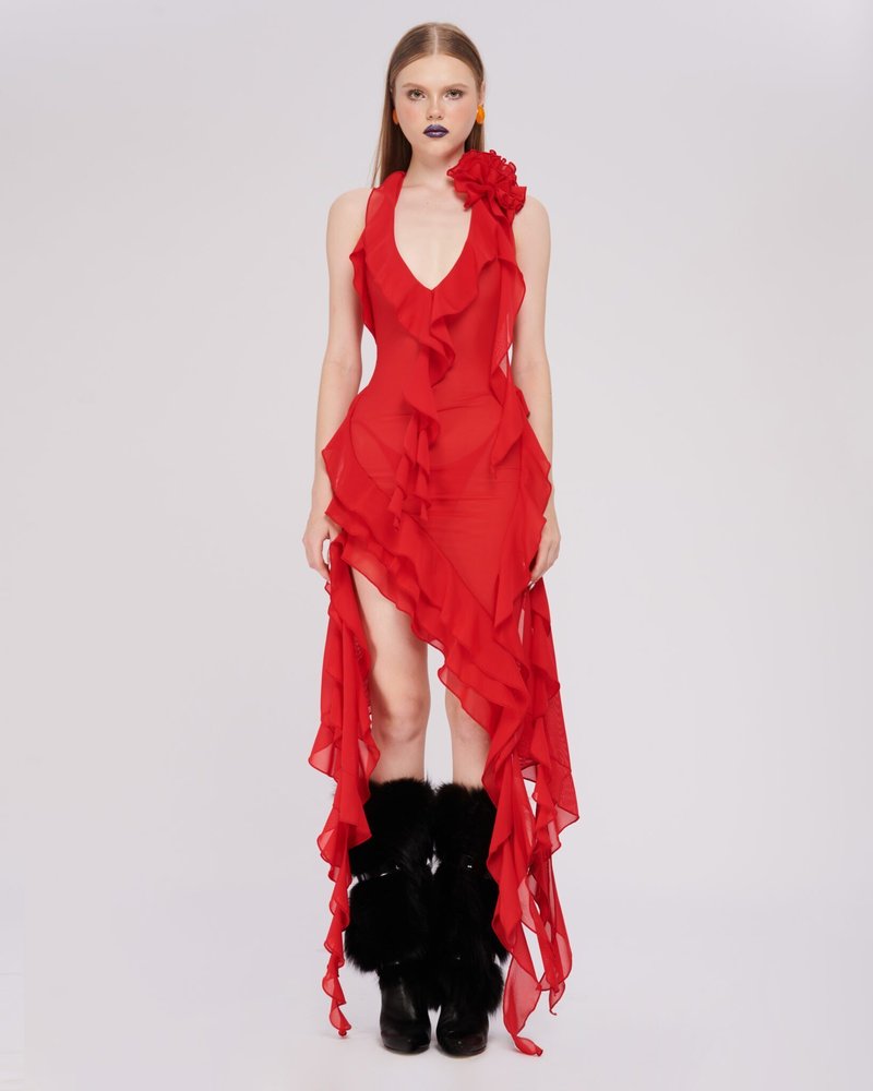 Asymmetrical Ruffle Red Halter Dress H5816