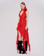 Asymmetrical Ruffle Red Halter Dress H5816
