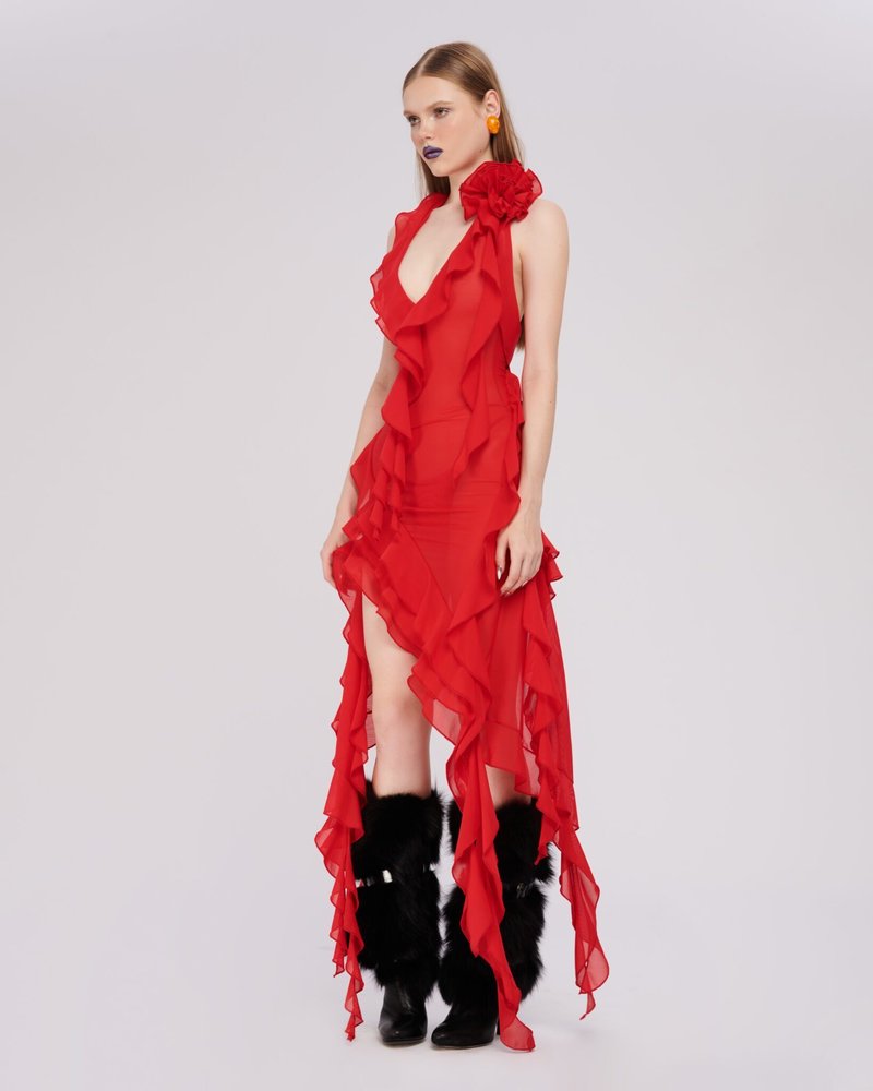 Asymmetrical Ruffle Red Halter Dress H5816