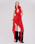 Asymmetrical Ruffle Red Halter Dress H5816