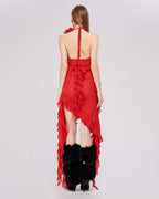 Asymmetrical Ruffle Red Halter Dress H5816