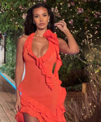 Asymmetrical Ruffle Red Halter Dress H5816