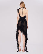 Asymmetrical Ruffle Red Halter Dress H5816