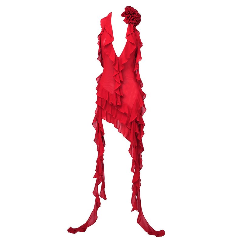 Asymmetrical Ruffle Red Halter Dress H5816