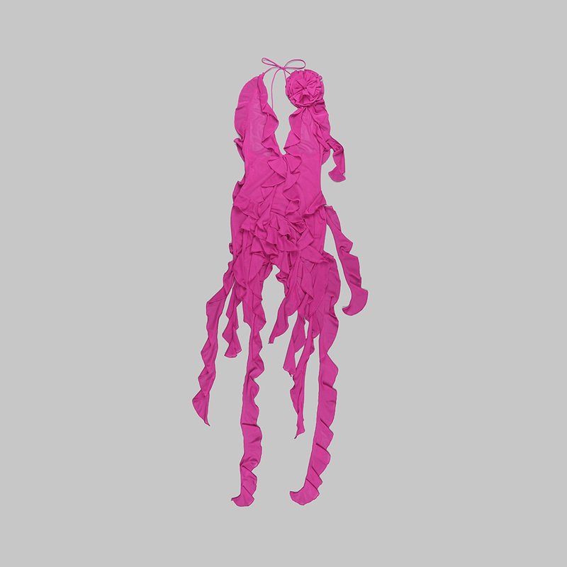 Asymmetrical Ruffle Red Halter Dress H5816