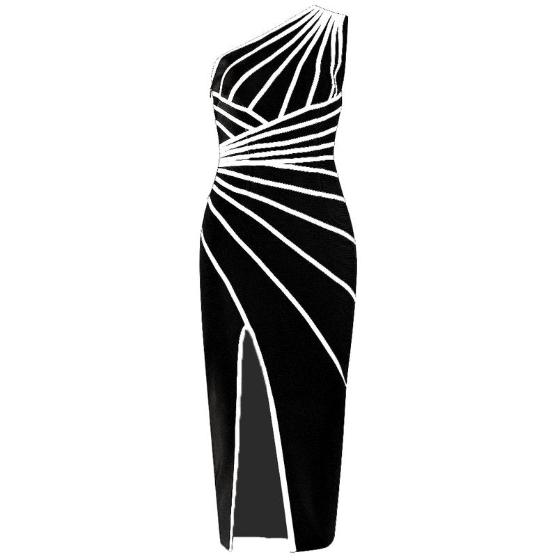 Asymmetrical Stripe Bandage Midi Dress H3734