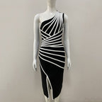 Asymmetrical Stripe Bandage Midi Dress H3734