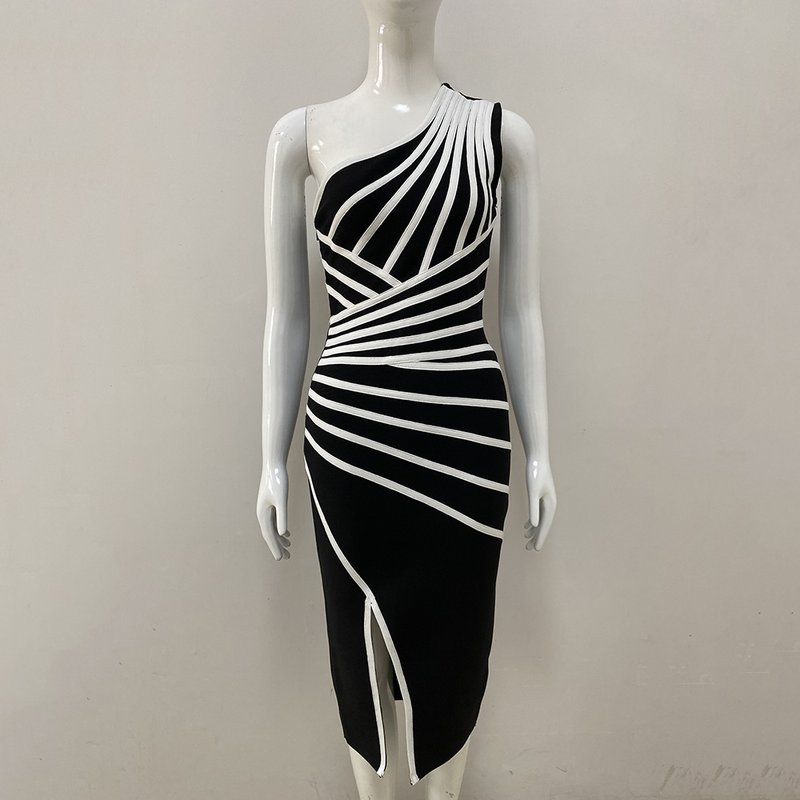 Asymmetrical Stripe Bandage Midi Dress H3734