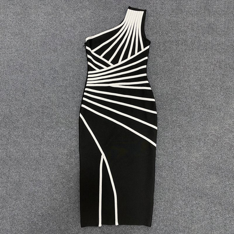 Asymmetrical Stripe Bandage Midi Dress H3734