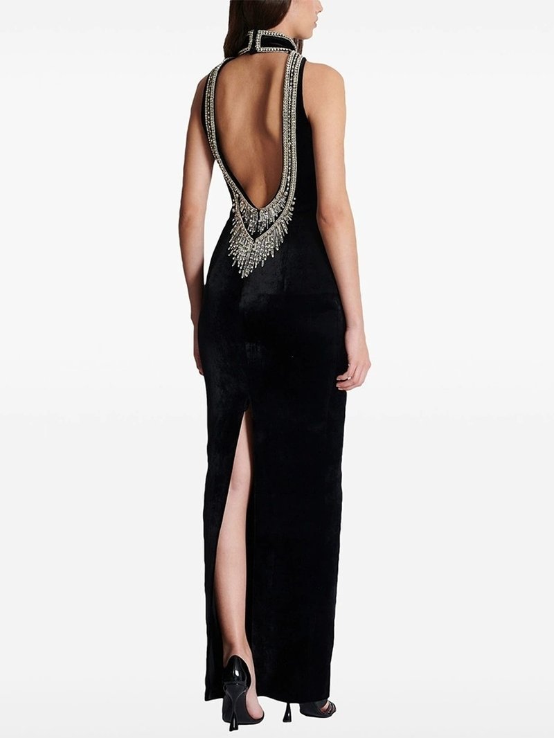 Backless Beaded Velvet Maxi Dress H6585