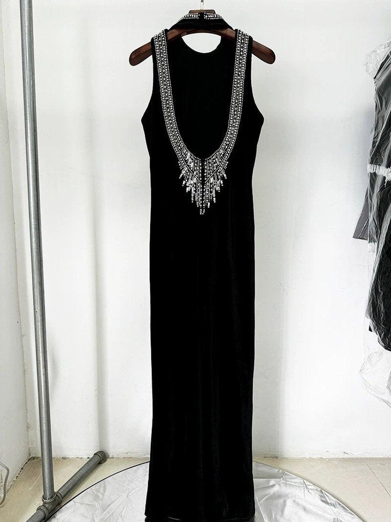 Backless Beaded Velvet Maxi Dress H6585
